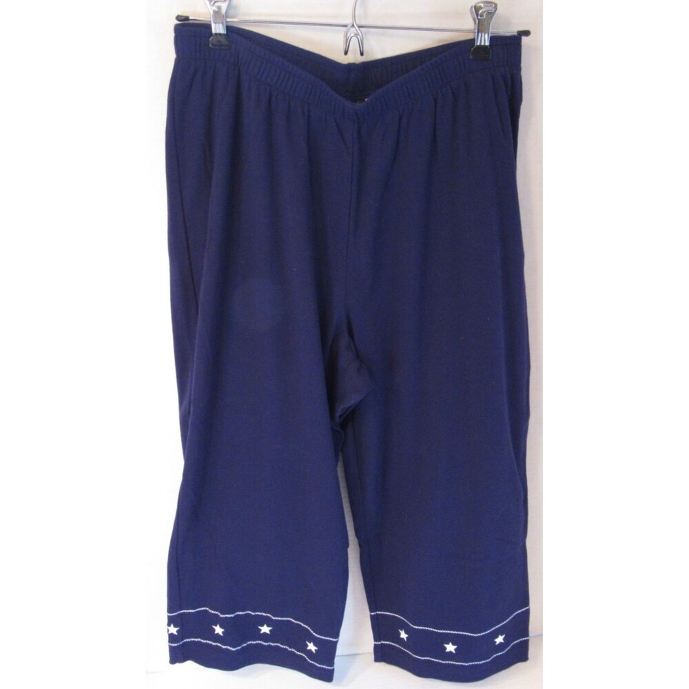 Cathy Daniels Navy Embroidered Stars Elastic Waist Cotton Carpi Pants Size Large